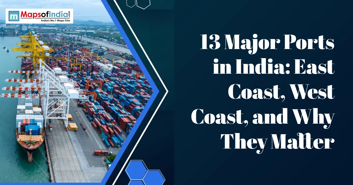 Container cargo port with cranes and shipping containers illustrating the 13 major ports in India across the east and west coasts.