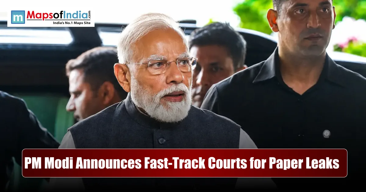 Prime Minister Narendra Modi speaking to the media with security personnel, overlaid with the headline: "PM Modi Announces Fast-Track Courts for Paper Leaks."