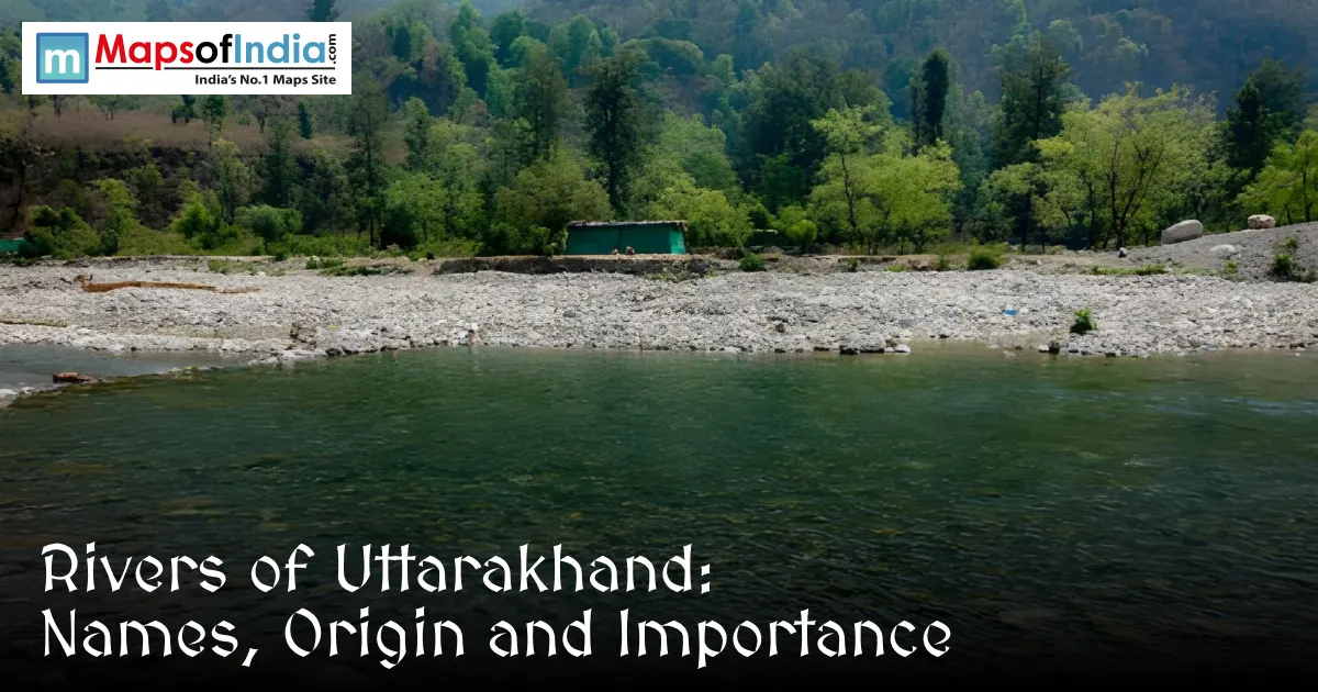 Scenic river flowing through the forested hills of Uttarakhand, representing the major rivers of the state and their Himalayan origins.