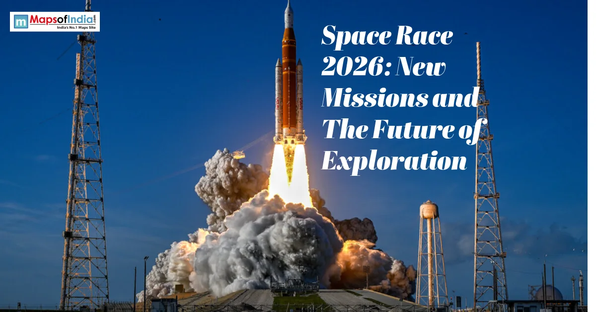 Rocket launch representing Space Race 2026, highlighting new space missions and the future of lunar and deep space exploration.