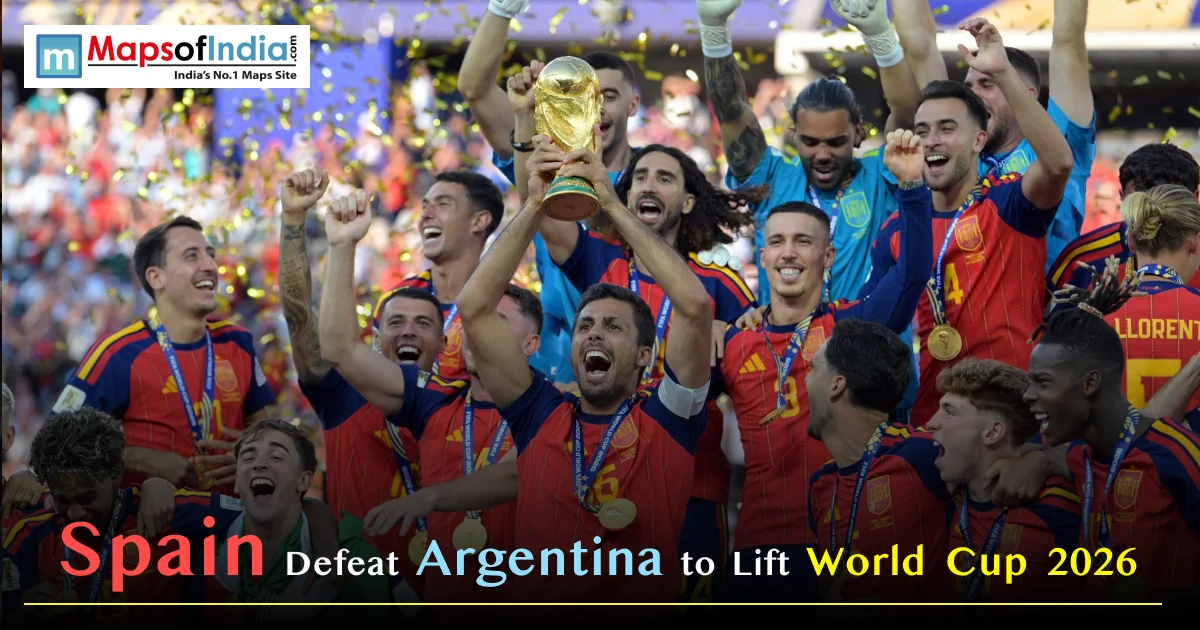 Spain players celebrate after defeating Argentina 1-0 to win the FIFA World Cup 2026 trophy.