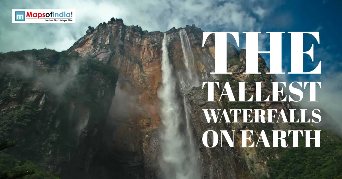 Scenic view of a towering waterfall cascading down a rocky cliff with the title "The Tallest Waterfalls on Earth."