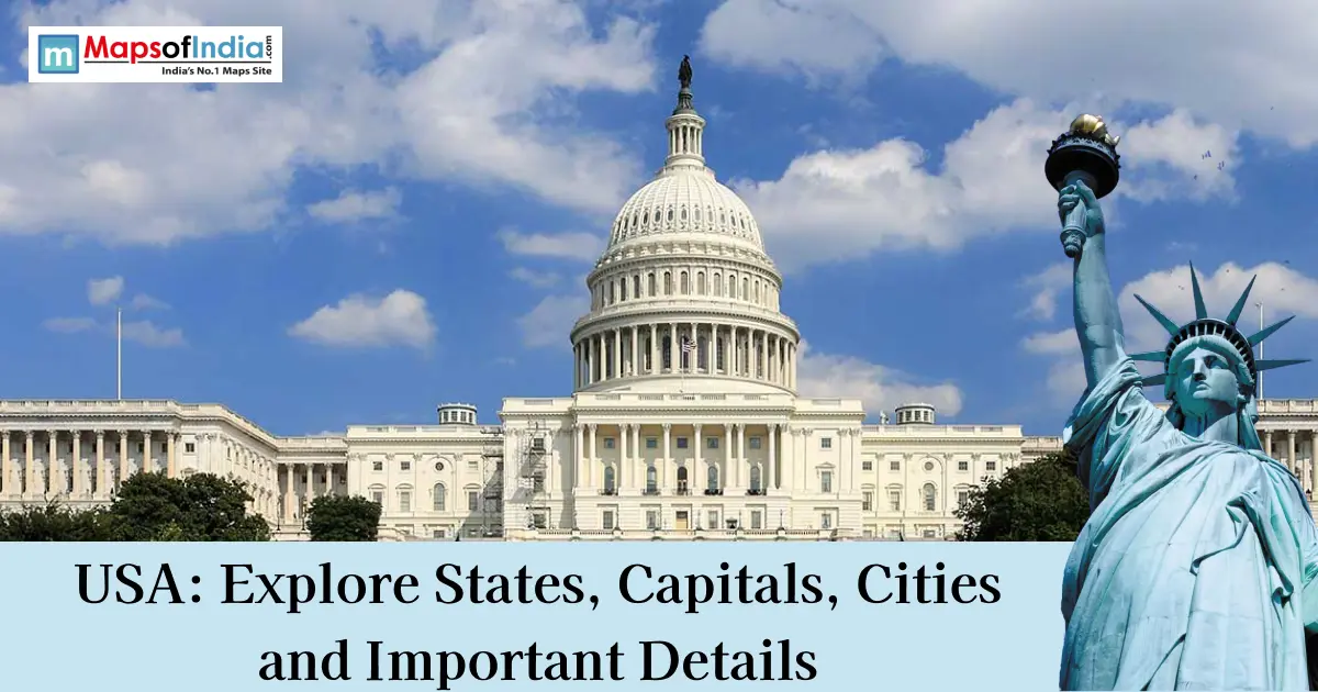 USA landmarks featuring the Capitol Building and the Statue of Liberty, representing the country's states, capitals, and major cities.