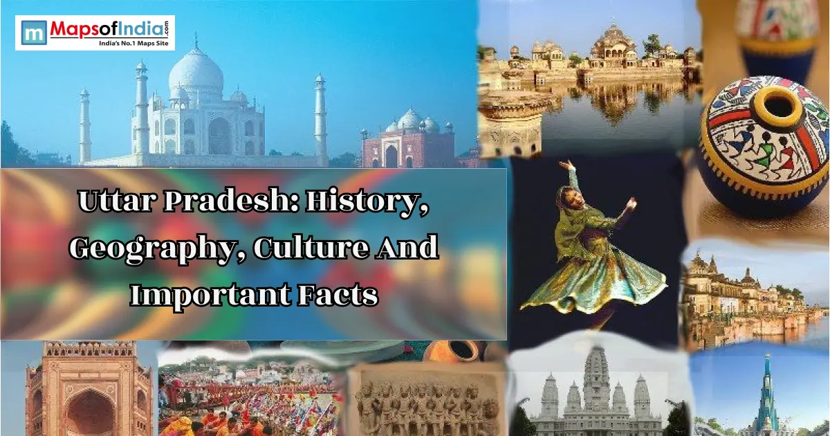 Collage showcasing Uttar Pradesh's iconic landmarks, cultural heritage, historical monuments, traditional art, and famous attractions.