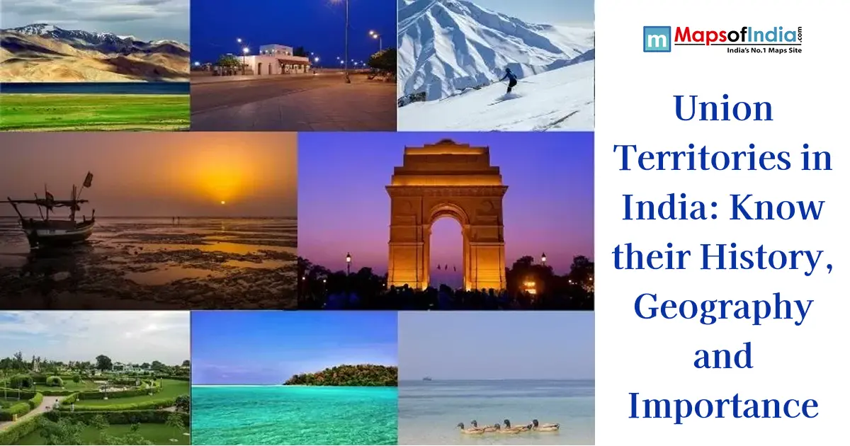 Collage showcasing India's Union Territories with iconic landmarks, landscapes, and cultural attractions.