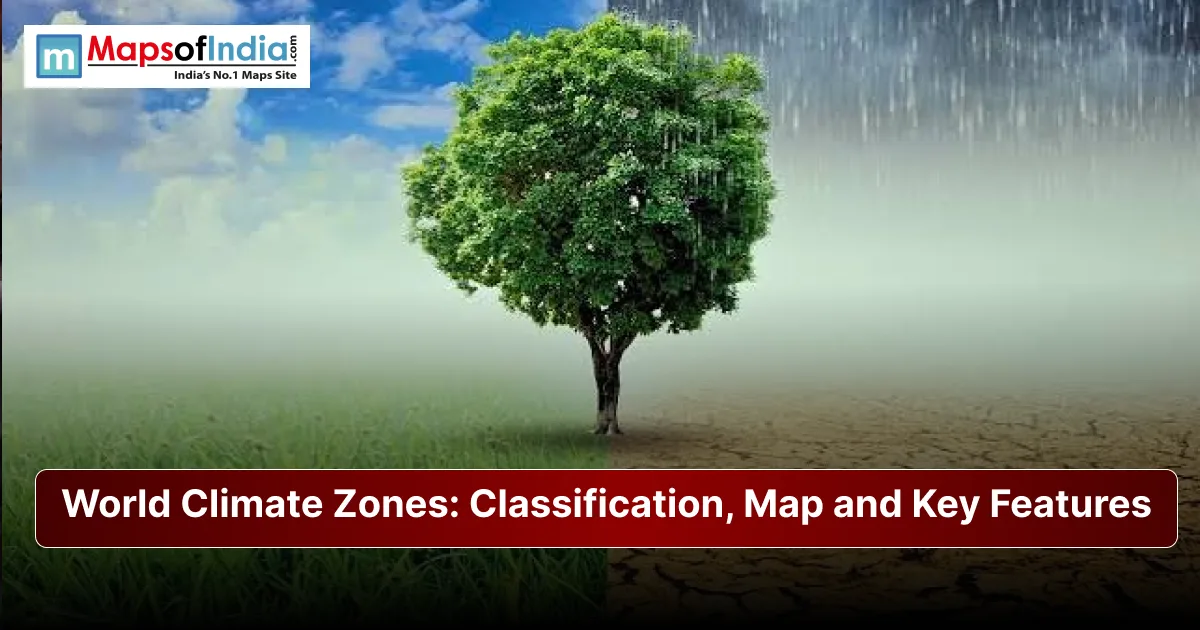 World climate zones illustration showing a tree between lush green land and dry barren terrain representing different climate regions.