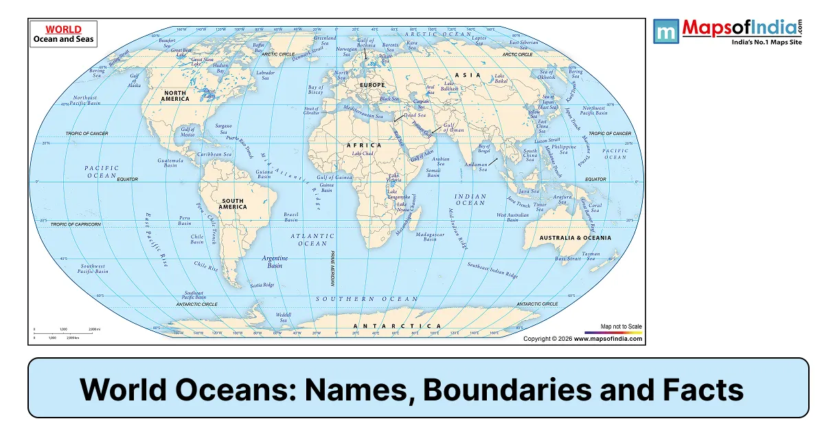 World ocean map showing the five oceans, continents, and major seas of the world.
