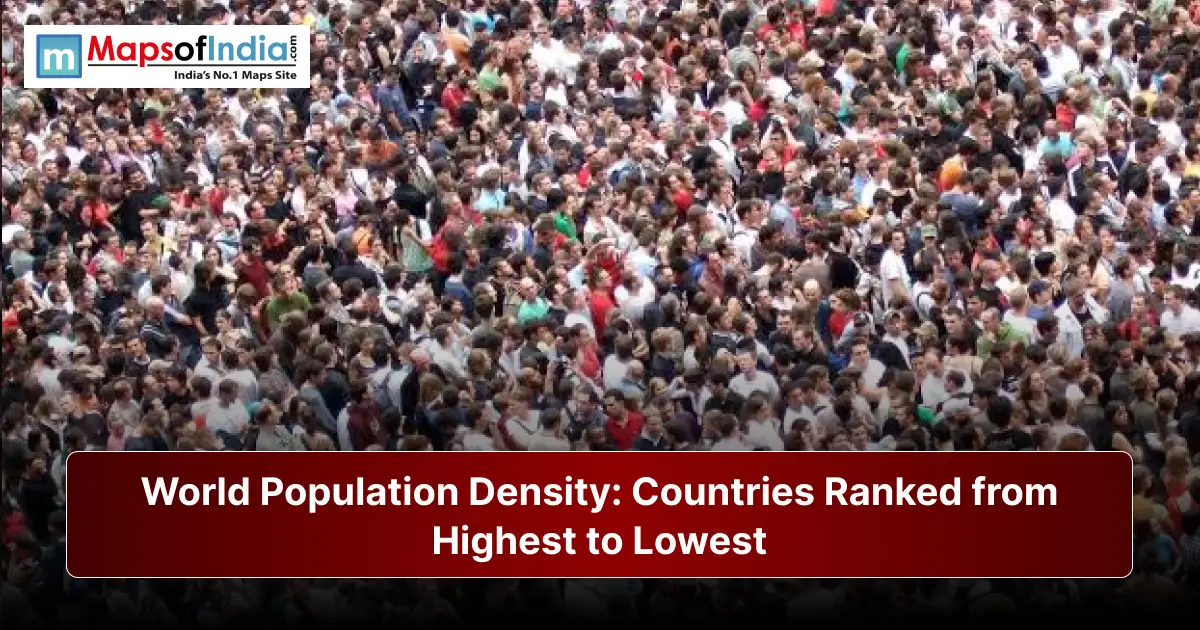 Crowded gathering representing world population density with the title "World Population Density: Countries Ranked from Highest to Lowest."