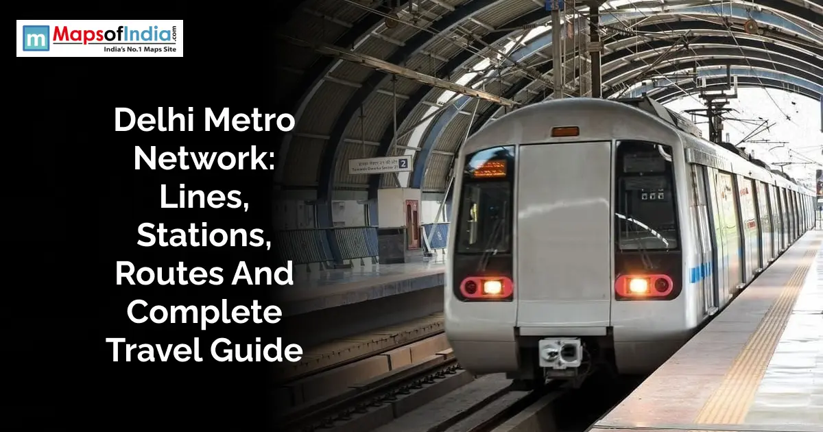Delhi Metro train at a station showcasing the metro network, routes, lines, and stations in Delhi.