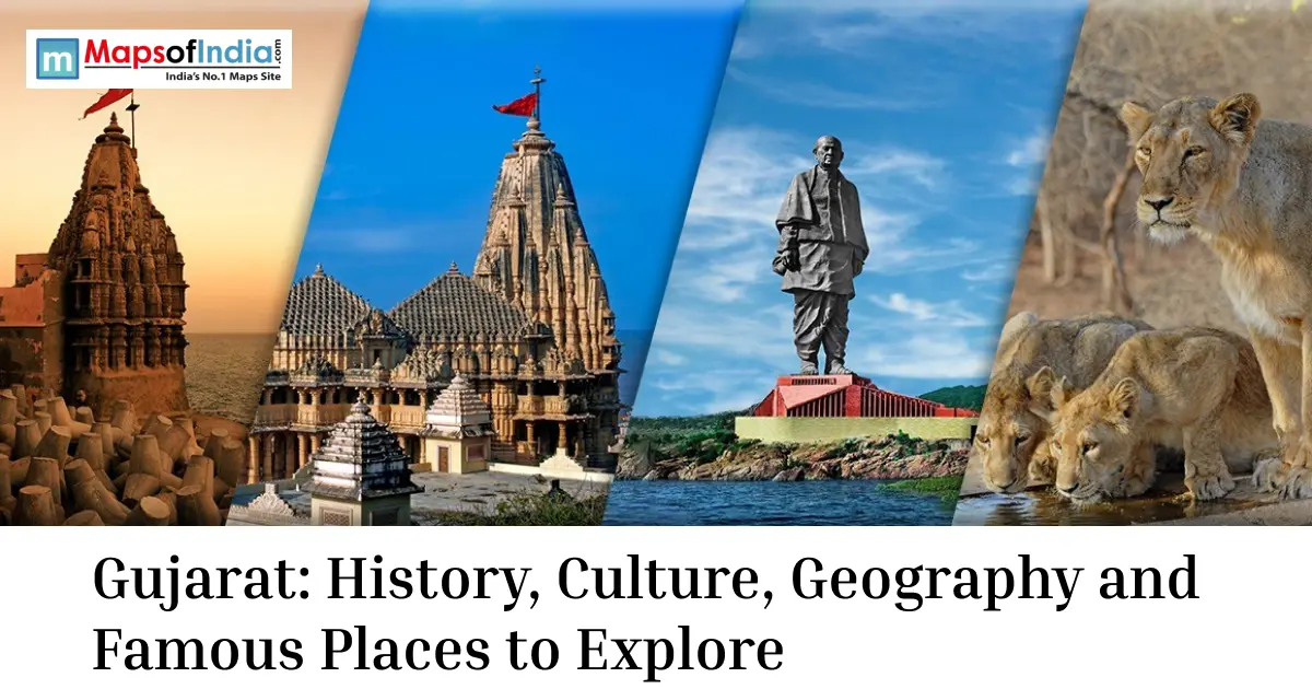 Collage showcasing Gujarat's iconic attractions, including Somnath Temple, Dwarkadhish Temple, the Statue of Unity, and Asiatic lions in Gir National Park.