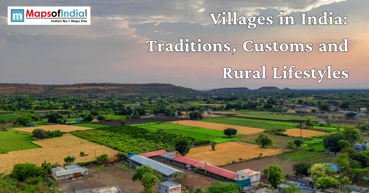 Aerial view of an Indian village with green farmlands, rural houses, and scenic hills showcasing traditional rural landscapes.