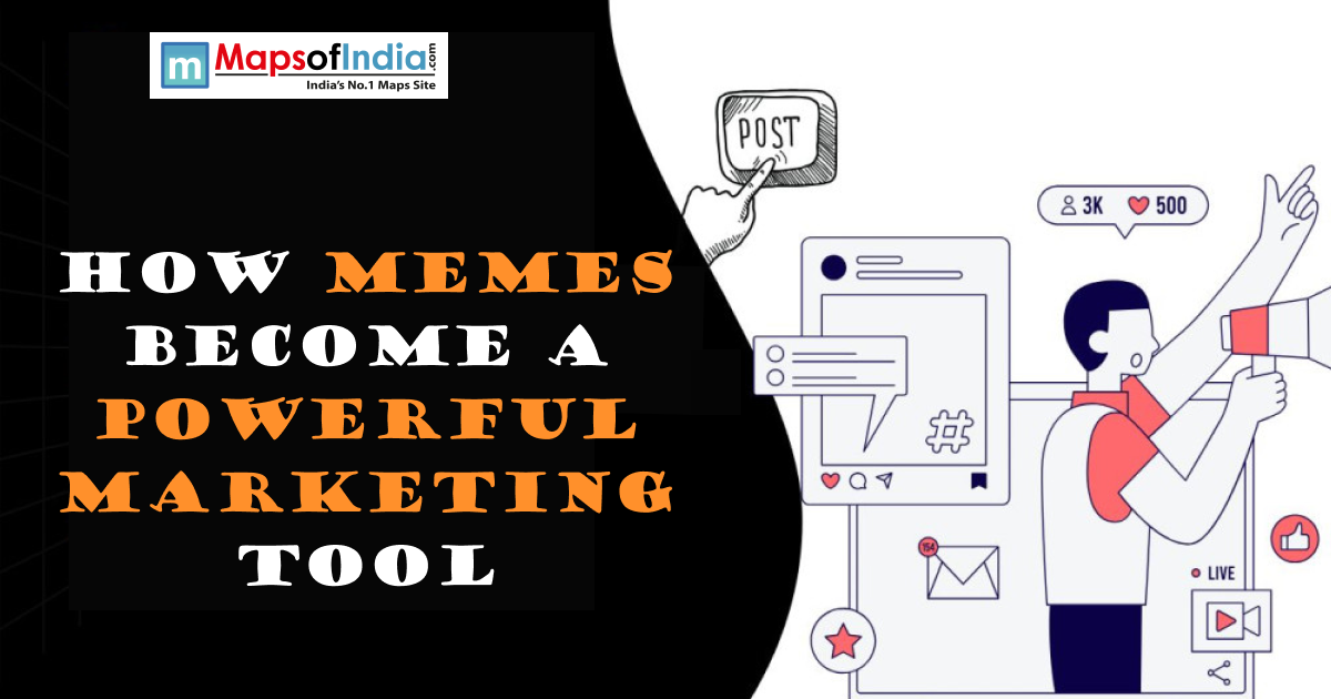 Illustration showing how memes become a powerful marketing tool with social media engagement icons and creative content elements.