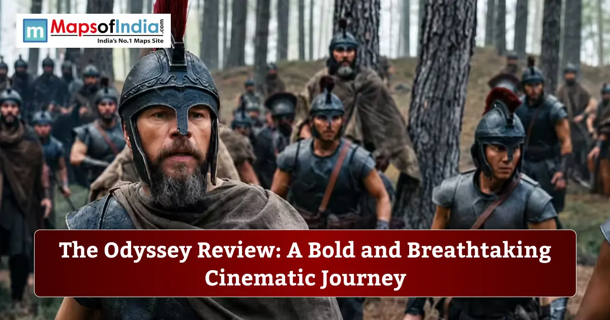 Matt Damon as Odysseus leads armored warriors in a forest scene from Christopher Nolan's The Odyssey, featured in a movie review banner.