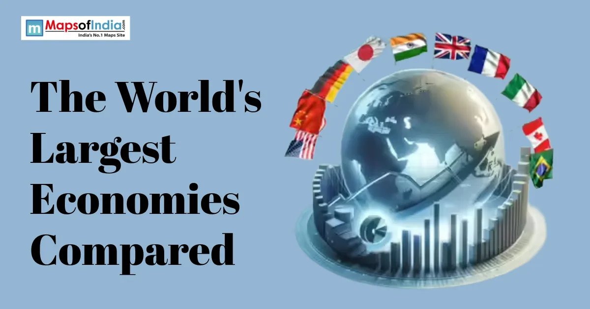 Illustration of the world's largest economies with a globe, economic charts, and national flags representing leading global economies.