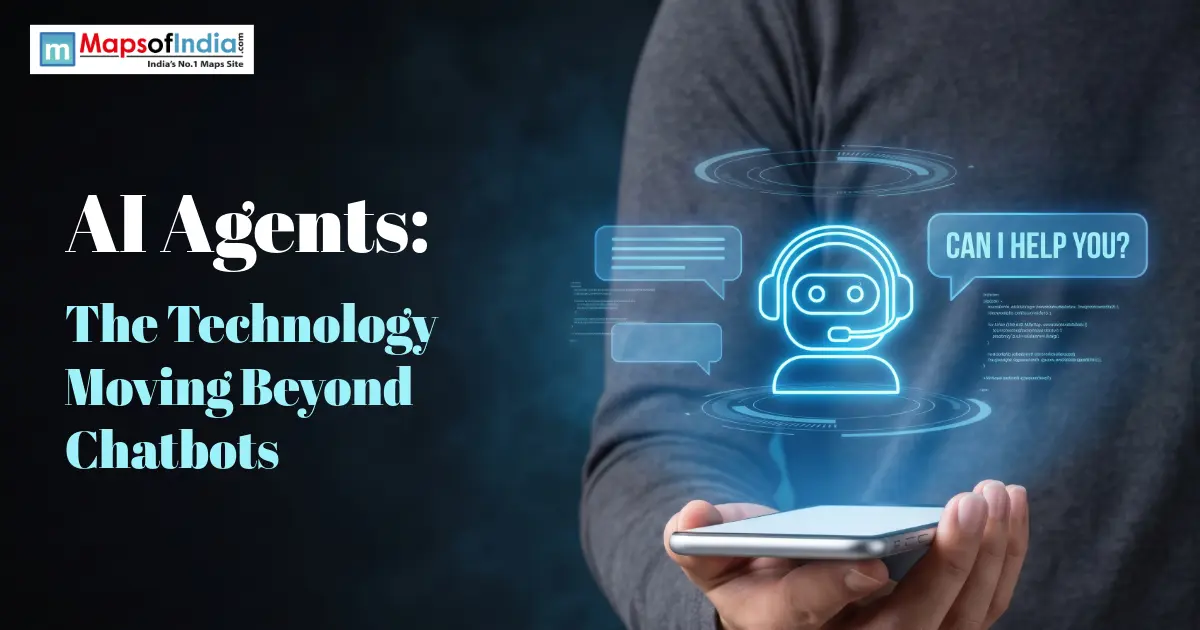 A hand holding a smartphone projecting a glowing blue AI chatbot icon with a "Can I help you?" speech bubble, alongside text reading "AI Agents: The Technology Moving Beyond Chatbots".