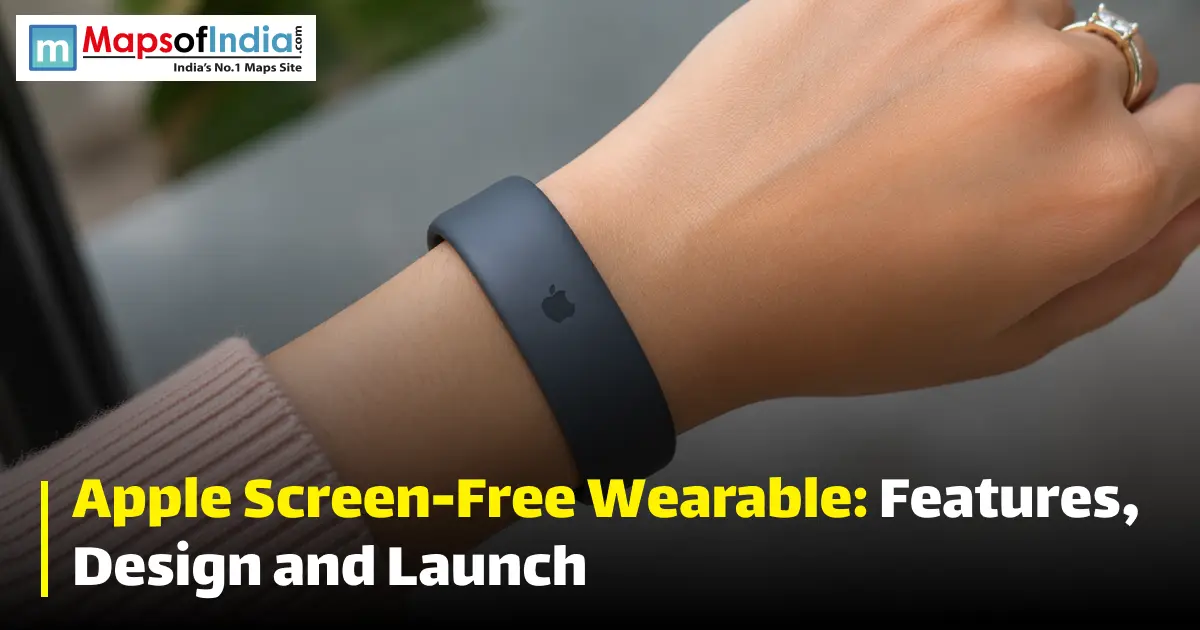 A person wearing a minimalist dark Apple band on their wrist, with text reading "Apple Screen-Free Wearable: Features, Design and Launch".