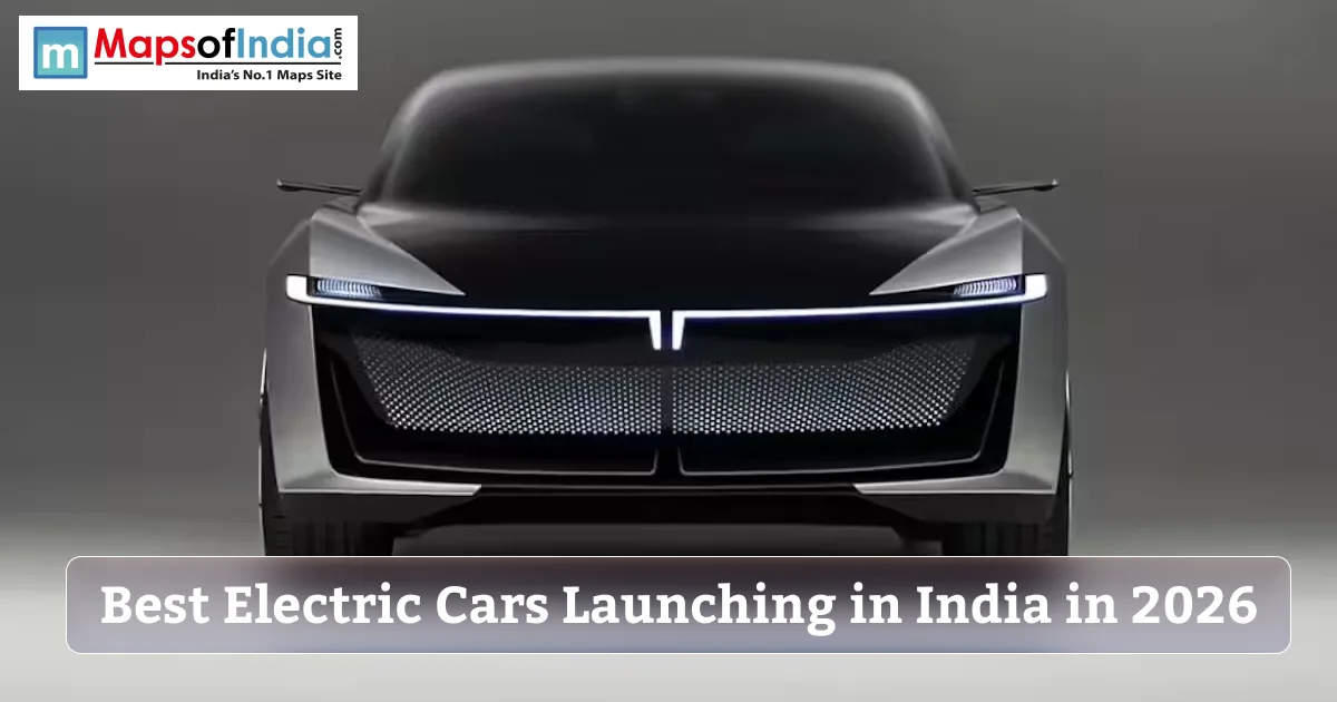 Front view of a sleek, futuristic Tata electric concept car, with text reading "Best Electric Cars Launching in India in 2026".