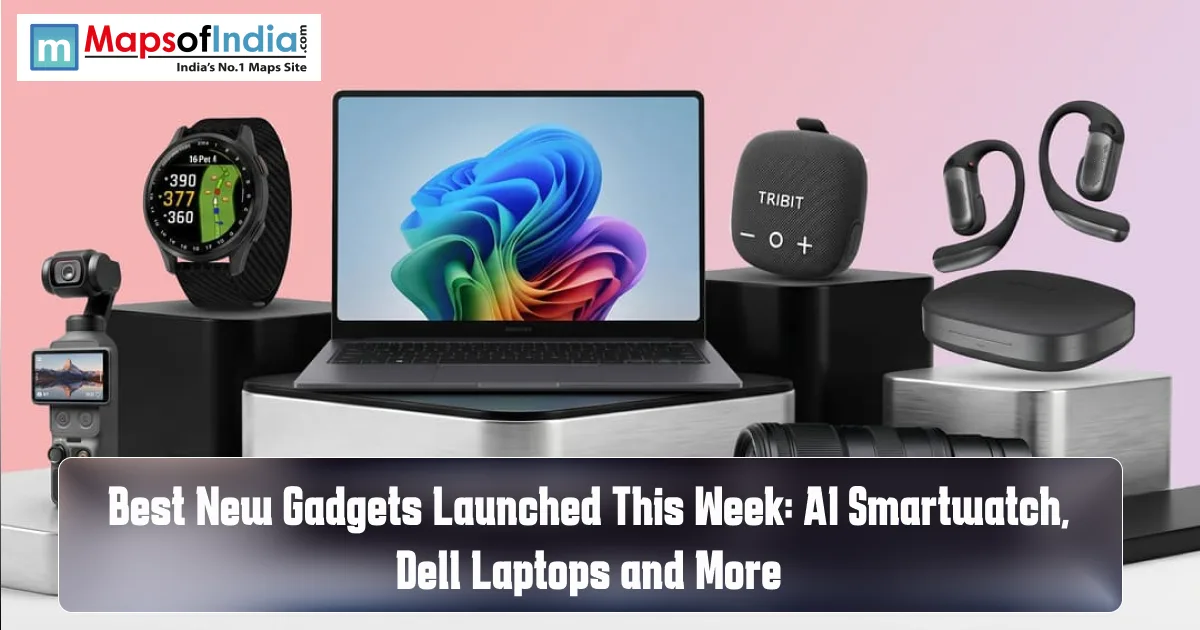 Collage of newly launched gadgets, including an AI smartwatch, Dell laptop, wireless earbuds, Bluetooth speaker, action camera, and camera lens.