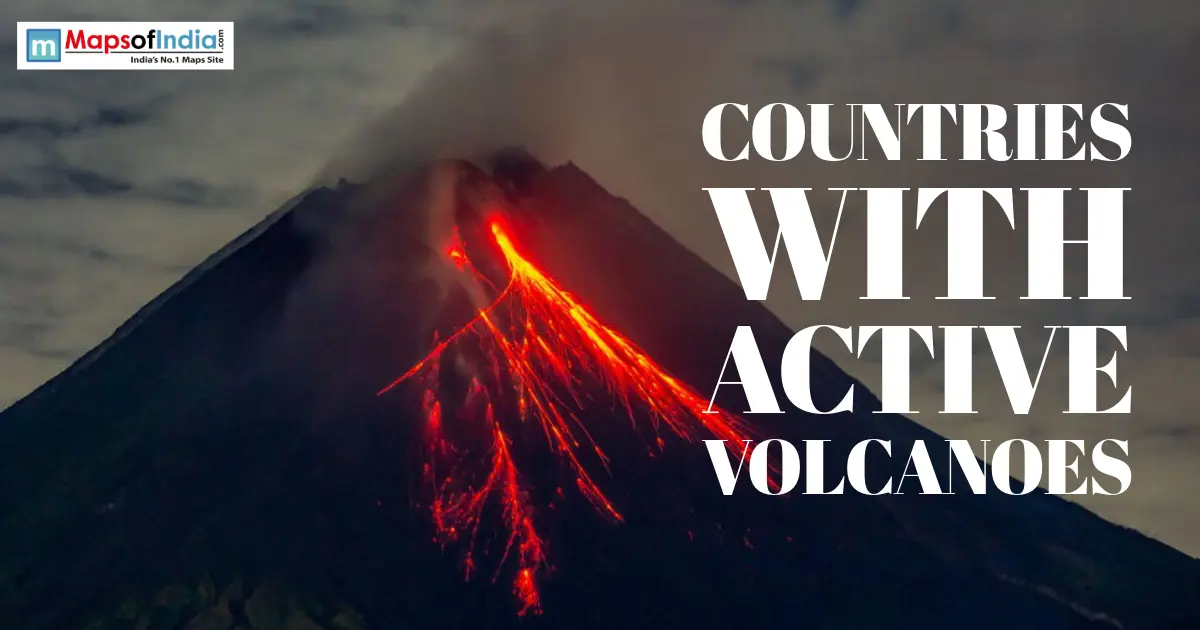 Erupting volcano with flowing lava representing countries around the world with active volcanoes and major volcanic regions.