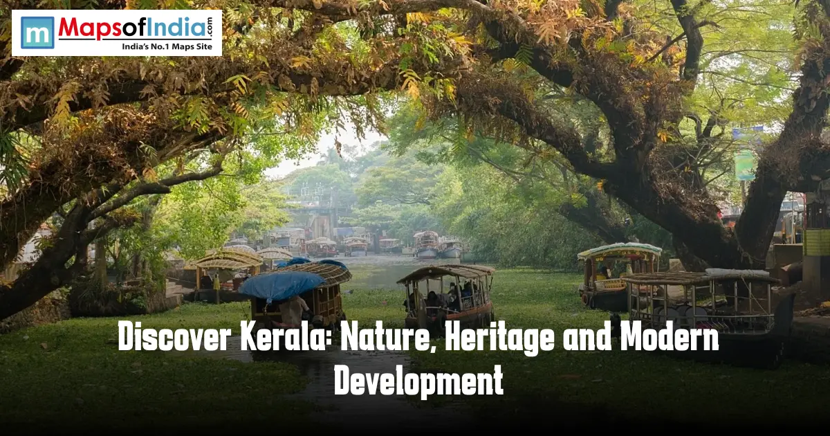 Kerala backwaters with traditional boats and lush greenery