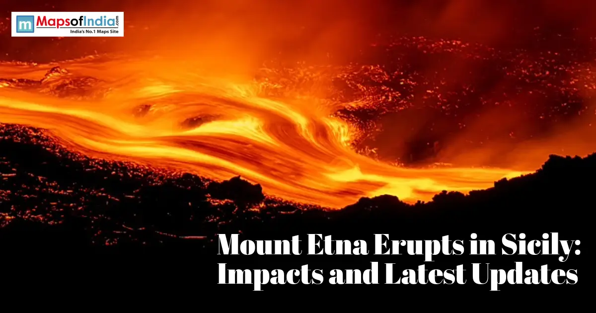 Glowing red and yellow lava flowing from Mount Etna, with text reading "Mount Etna Erupts in Sicily: Impacts and Latest Updates".