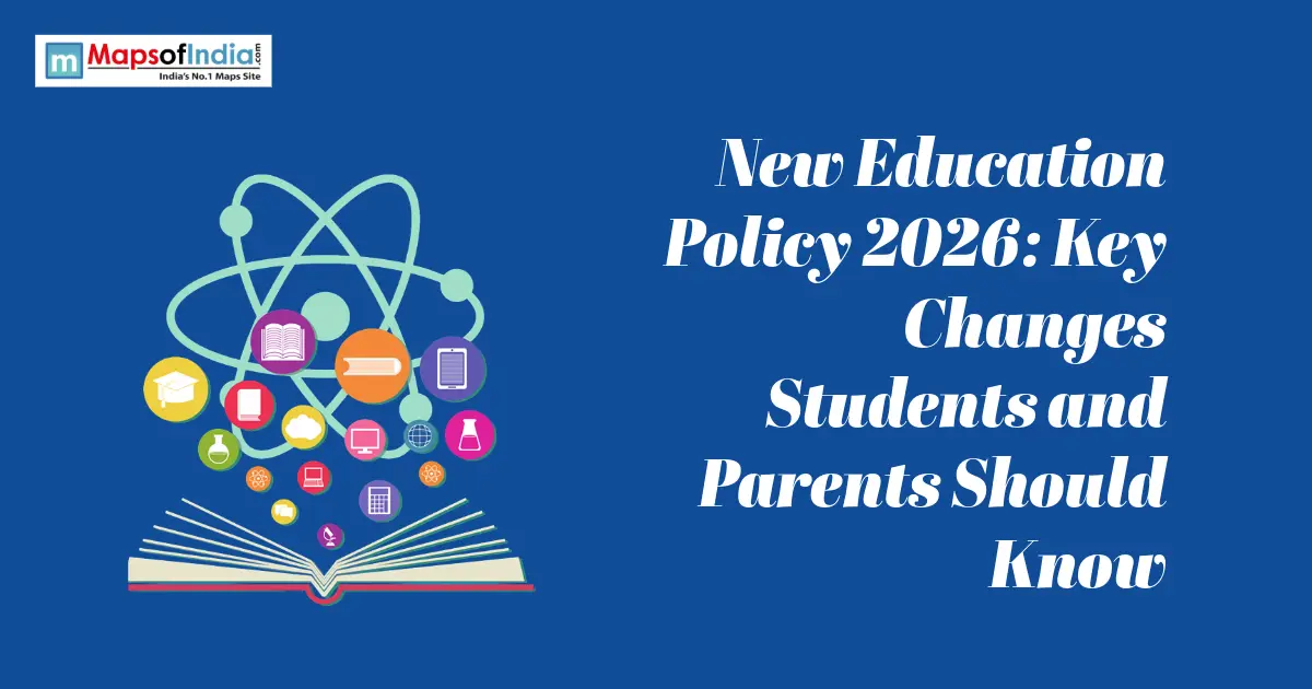 Illustration of an open book with education icons and the title "New Education Policy 2026: Key Changes Students and Parents Should Know."