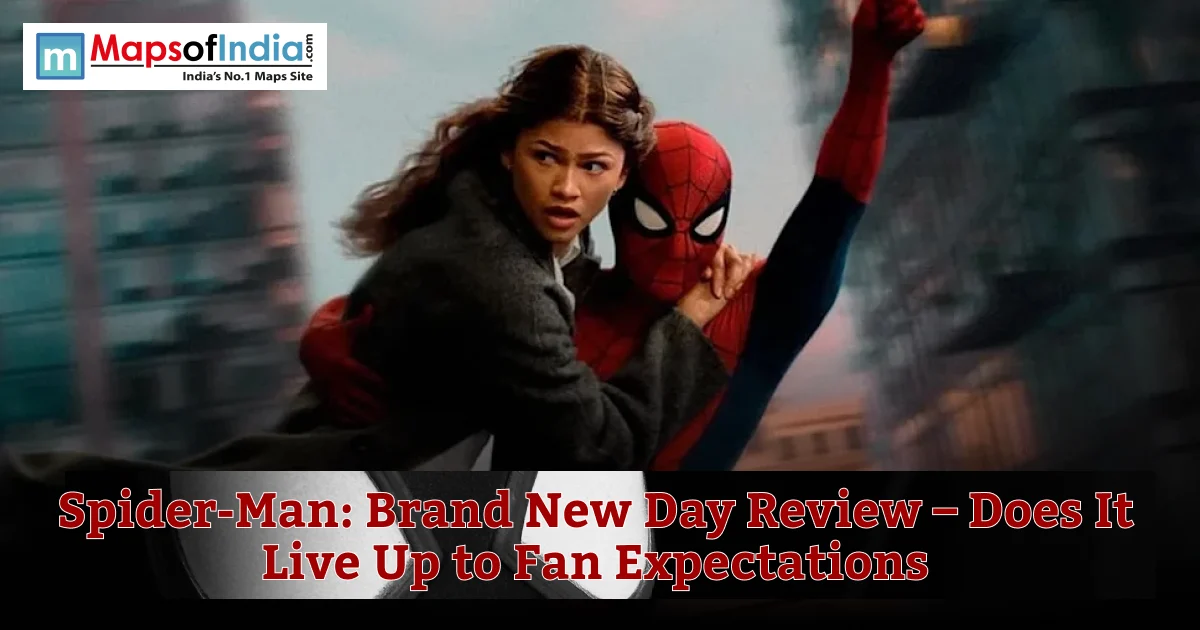 Spider-Man swings through a city carrying a young woman, with the text "Spider-Man: Brand New Day Review – Does It Live Up to Fan Expectations" displayed over the image.