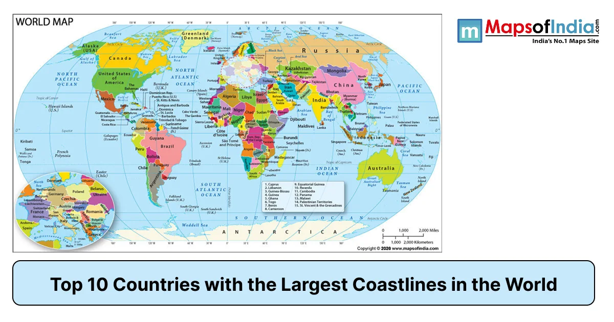 World political map highlighting the top 10 countries with the largest coastlines and their global locations.