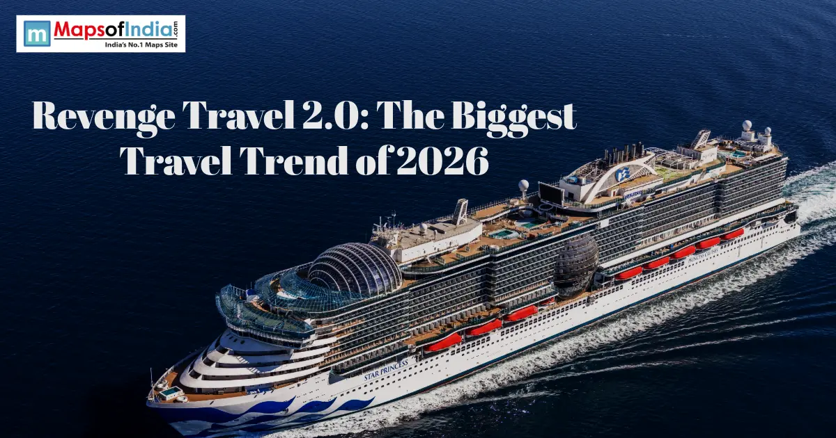 A large cruise ship sailing through deep blue ocean water, with text reading "Revenge Travel 2.0: The Biggest Travel Trend of 2026".