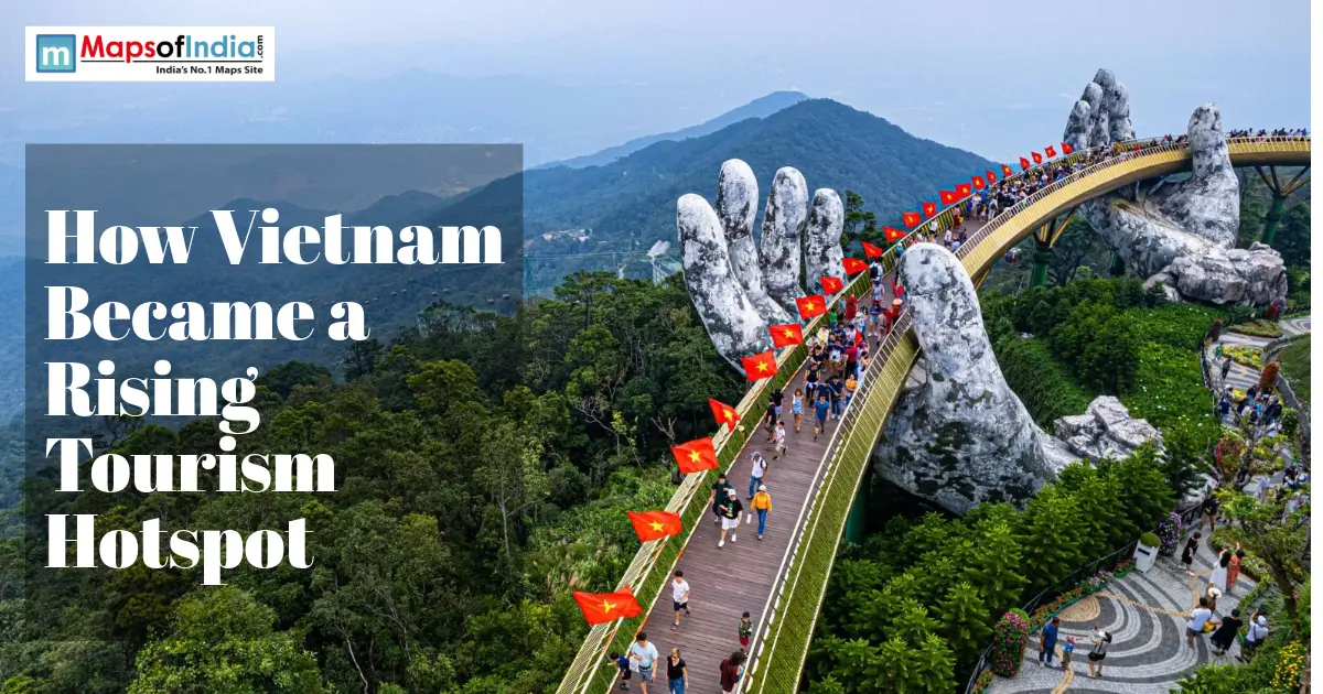 Vietnam tourism hotspot with Golden Bridge and mountains.