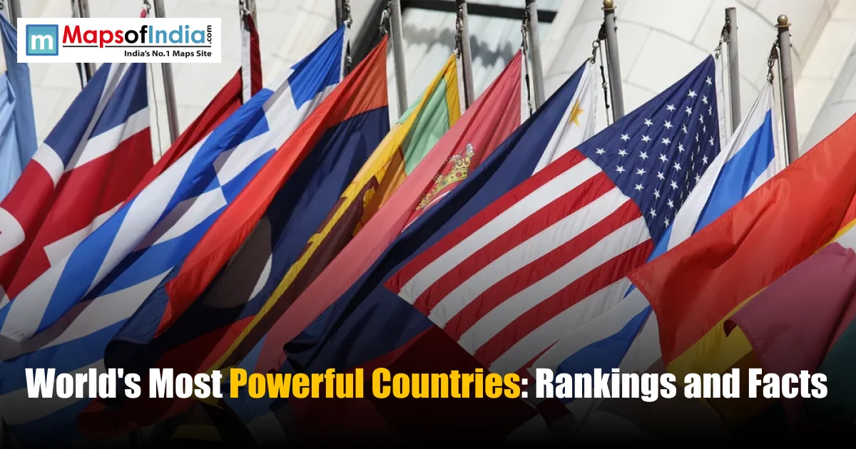 Flags of different countries representing global power and influence for a guide on the world's most powerful countries and their rankings.