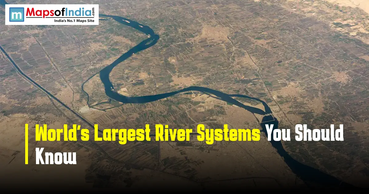 Aerial view of a large river flowing through farmland with title text.