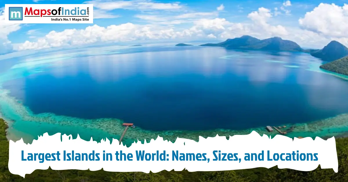 Aerial view of a large tropical island surrounded by clear blue ocean, representing the world's largest islands.