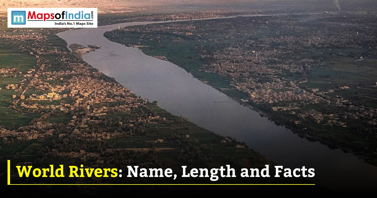 Aerial view of a wide river flowing through a populated landscape, representing the world's major rivers and their geographical importance.