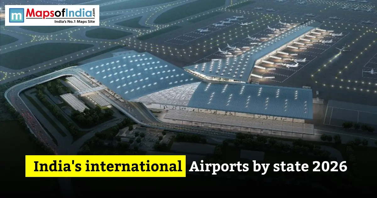 Aerial rendering of a modern, expansive airport terminal at night with airplanes on the tarmac, with text reading "India's international Airports by state 2026".