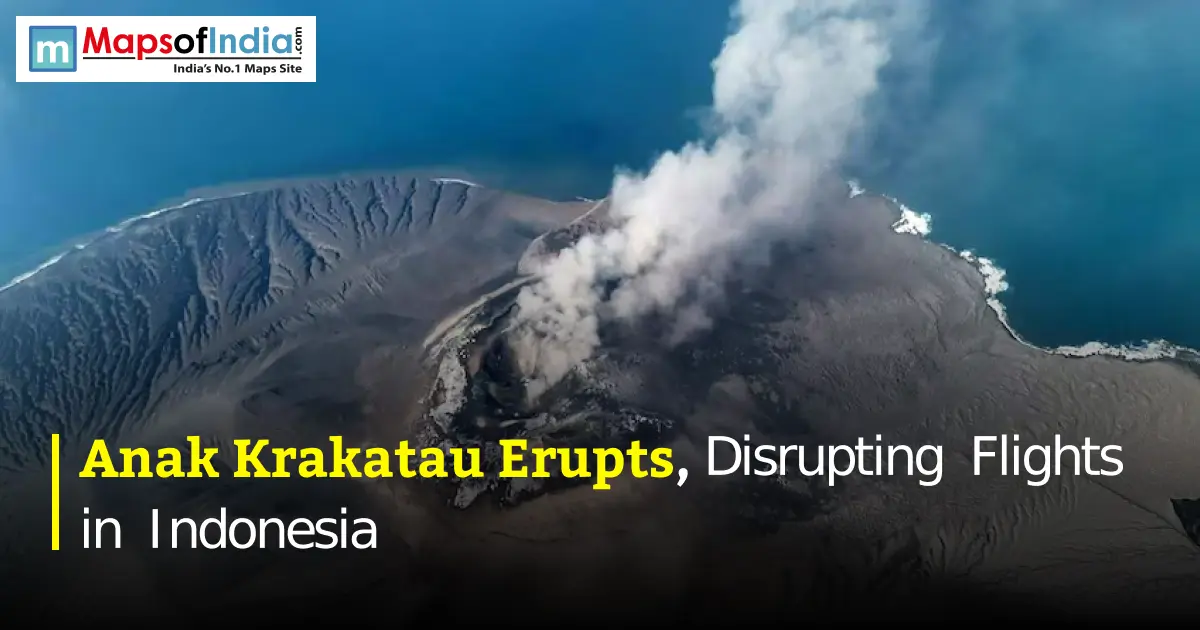 Aerial view of the Anak Krakatau volcanic island in Indonesia erupting and billowing thick white smoke into the sky, with text overlay reading "Anak Krakatau Erupts, Disrupting Flights in Indonesia."