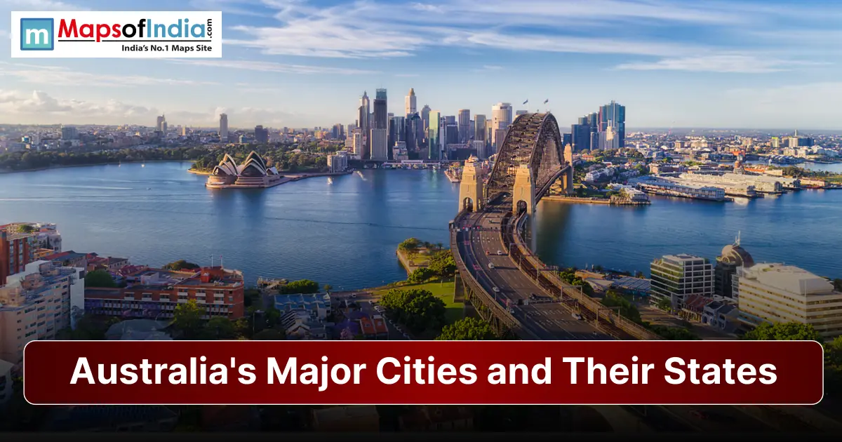 Panoramic skyline view of Sydney showing the Harbour Bridge and Opera House over the water, with text reading "Australia's Major Cities and Their States".