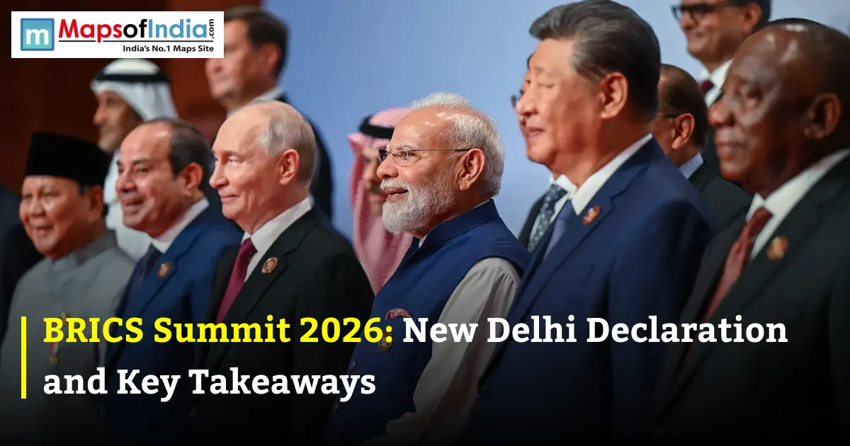 World leaders including Narendra Modi, Vladimir Putin, and Xi Jinping standing together at a summit, with text reading "BRICS Summit 2026: New Delhi Declaration and Key Takeaways".