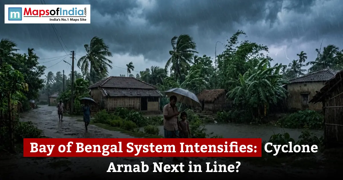 A stormy rural landscape during heavy rain with people holding umbrellas, accompanied by text reading "Bay of Bengal System Intensifies: Cyclone Arnab Next in Line?".