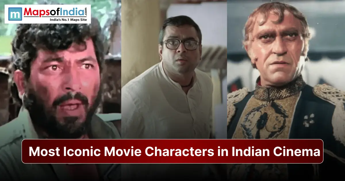A collage showing three iconic Indian cinema characters—Gabbar Singh, Baburao Ganpatrao Apte, and Mogambo—with the MapsOfIndia logo at the top left and a red banner reading "Most Iconic Movie Characters in Indian Cinema" across the bottom
