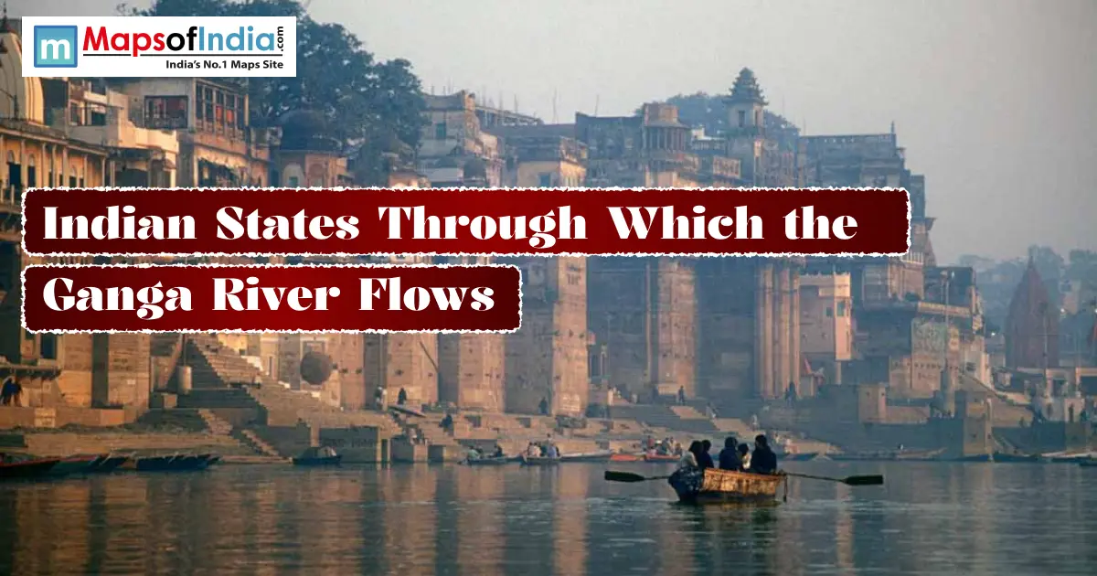 A boat on the Ganga River with historic ghats in the background, featuring text reading "Indian States Through Which the Ganga River Flows".