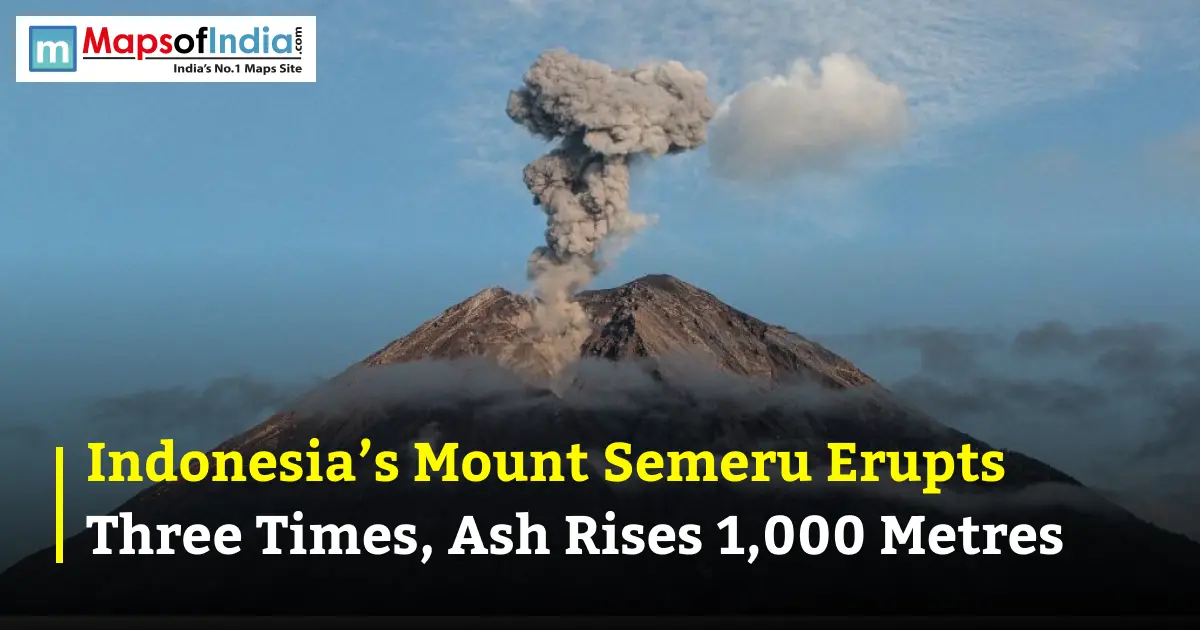 Mount Semeru erupting with a plume of ash rising into the sky, accompanied by text reading "Indonesia's Mount Semeru Erupts Three Times, Ash Rises 1,000 Metres".