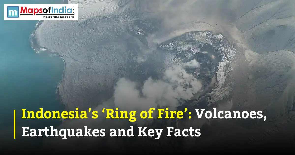 An aerial view of an active volcanic crater emitting smoke near the ocean, with text reading "Indonesia's 'Ring of Fire': Volcanoes, Earthquakes and Key Facts".