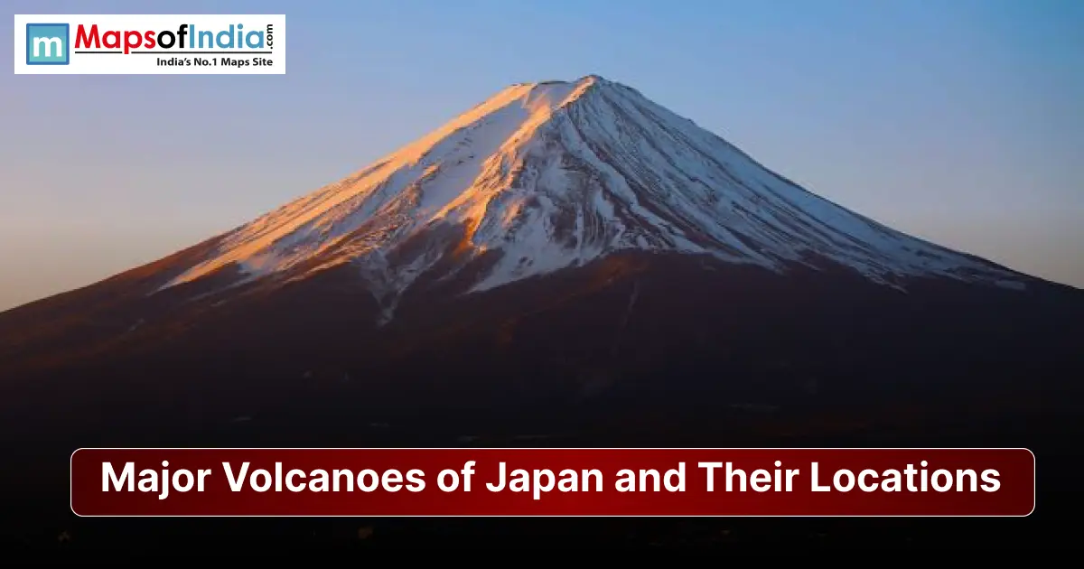 A snow-capped peak of Mount Fuji illuminated by sunlight, featuring the MapsOfIndia logo in the top left and a red banner at the bottom reading "Major Volcanoes of Japan and Their Locations".