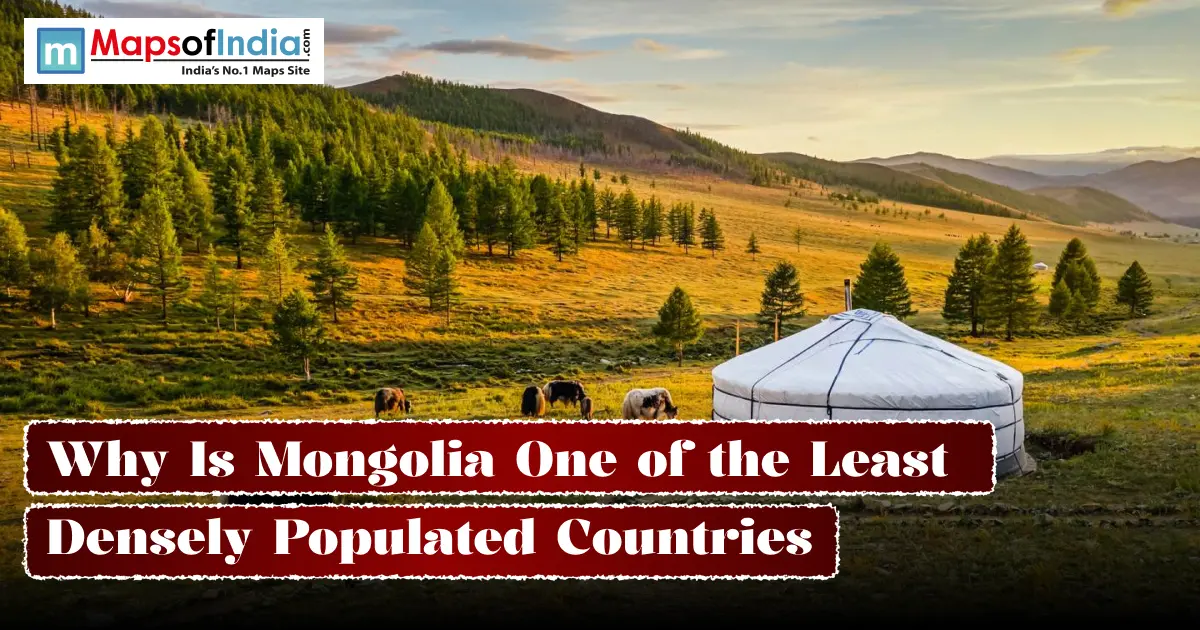 Mongolia landscape with a traditional ger and grazing horses.