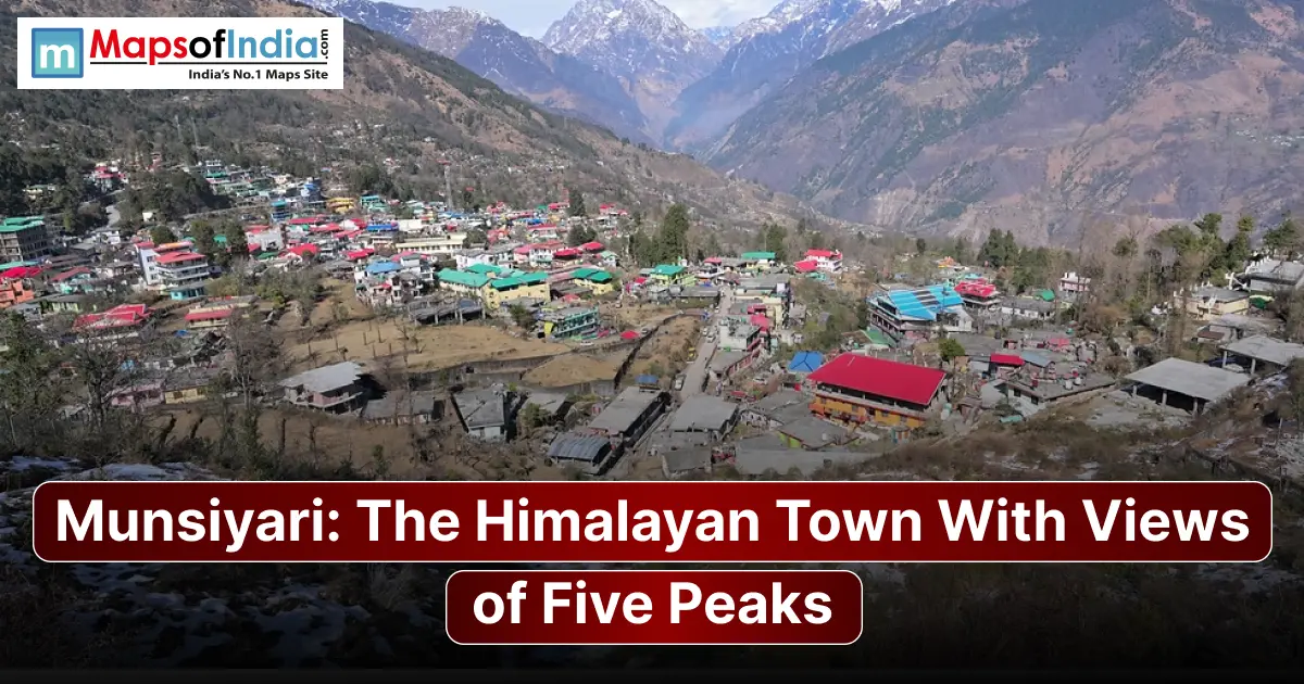 An aerial view of the hill town of Munsiyari with colorful roofs against steep Himalayan mountain slopes, featuring text reading "Munsiyari: The Himalayan Town With Views of Five Peaks".