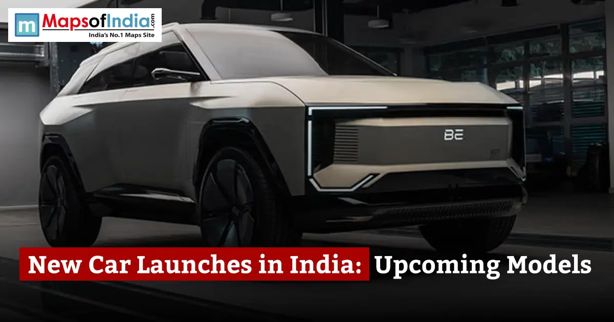A futuristic white electric SUV concept car parked indoors, featuring text reading "New Car Launches in India: Upcoming Models".