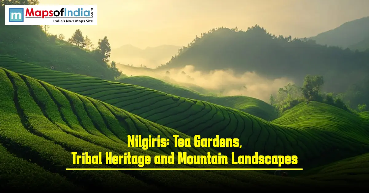 Lush green tea plantations rolling across misty hills in the Nilgiris, with text reading "Nilgiris: Tea Gardens, Tribal Heritage and Mountain Landscapes".