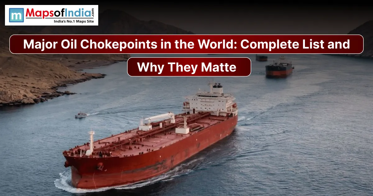 An oil tanker navigating a narrow waterway, with text reading "Major Oil Chokepoints in the World: Complete List and Why They Matte" and the Mapsofindia logo.