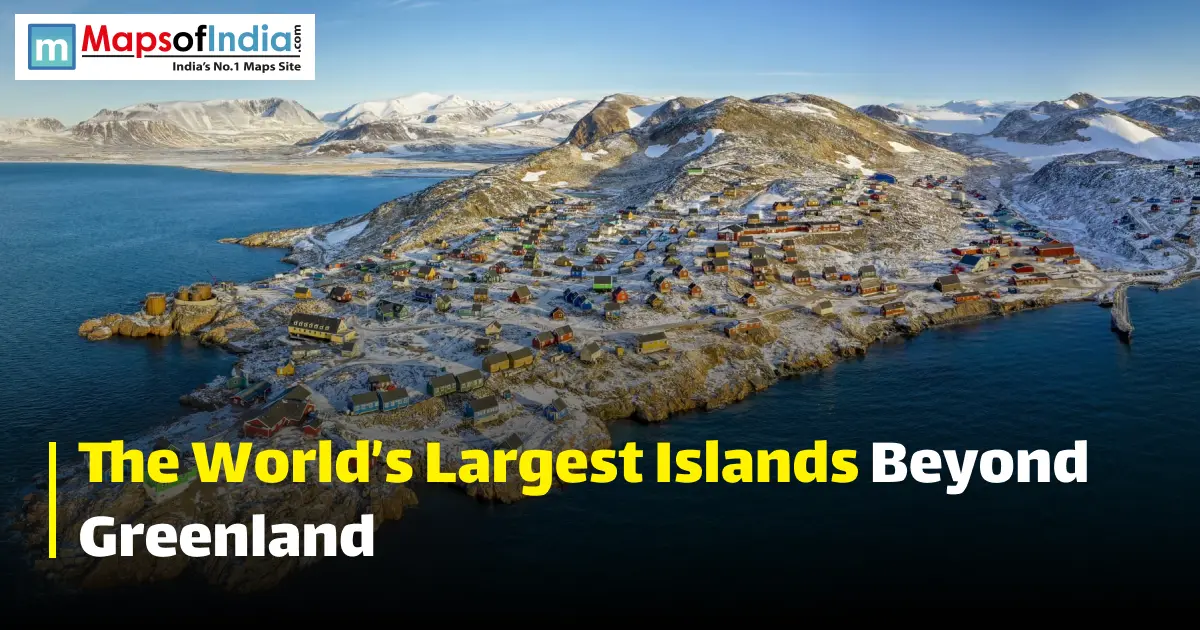 An aerial view of a coastal Arctic settlement along snowy hills and blue ocean waters, with text reading "The World's Largest Islands Beyond Greenland".